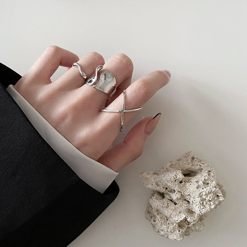 Adjustable 925 Silver Ring Unisex Geometric Wave Twist Cross Design for Everyday Wear Open adjustable size fit