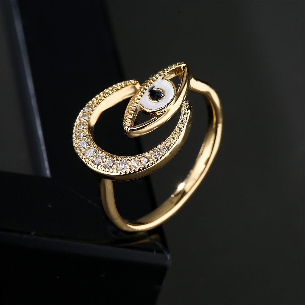 Copper Plated Gold Zircon Ring Moon Design Adjustable Open End Elegant Statement Jewelry Gift For Elegant Look