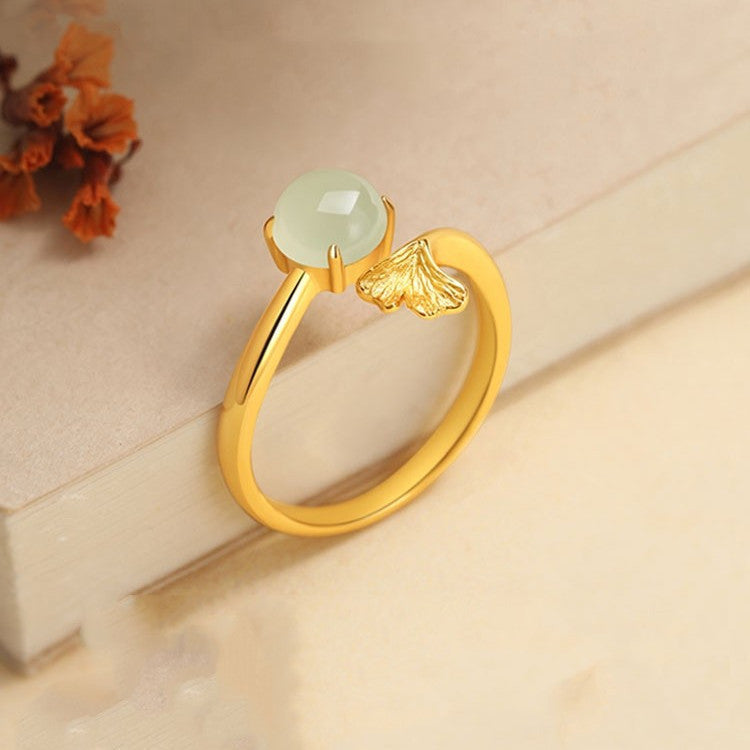 Adjustable S925 Silver Ring With Ginkgo Leaf Design Electroplated Finish 2mm Band For Women Jewelry For Daily Wear