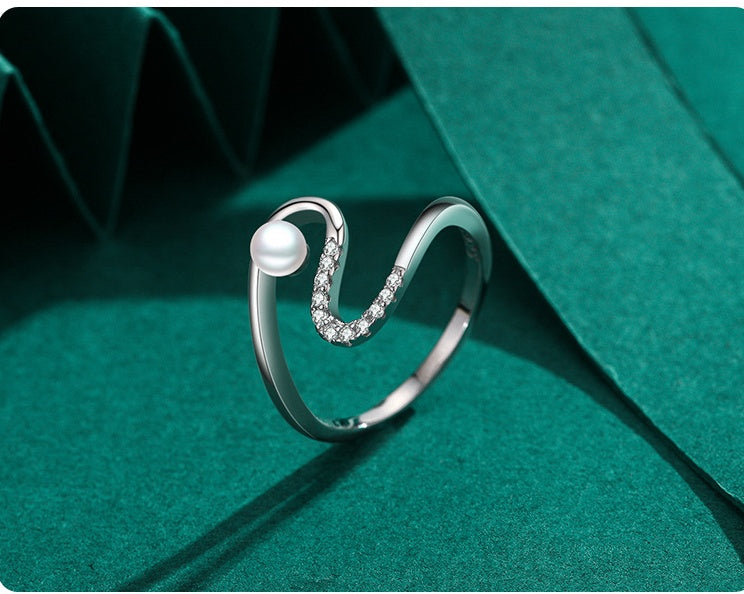 Womens Sterling Silver Ring Pearl Inlay Geometric Design With Gold Plated Artificial Gemstones Korean Fashion Ring