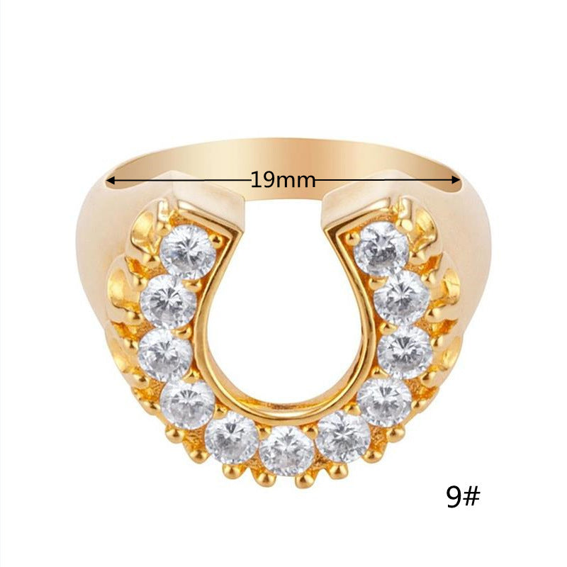 Horseshoe Element Ring UShaped Gold Plated Copper With Artificial Gem Inlays European American Fashion Jewelry