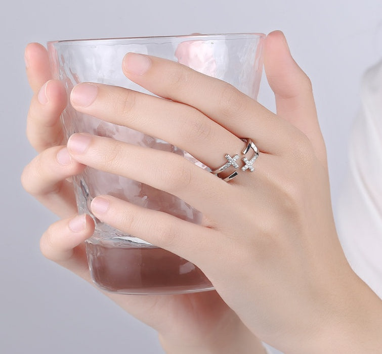 Copper Ring With Double Zircon Diamond Accent Adjustable Opening Korean Geometric Gold Plated Ring Ethereal Shine