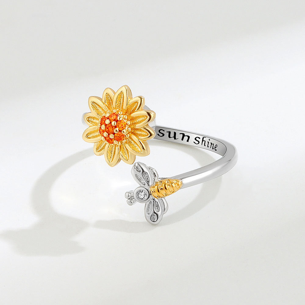 Adjustable Pressure Relief Opening Decompression Ring with Zircon Mosaic Sunflower Bee Geometry Size 15 Platinum Color