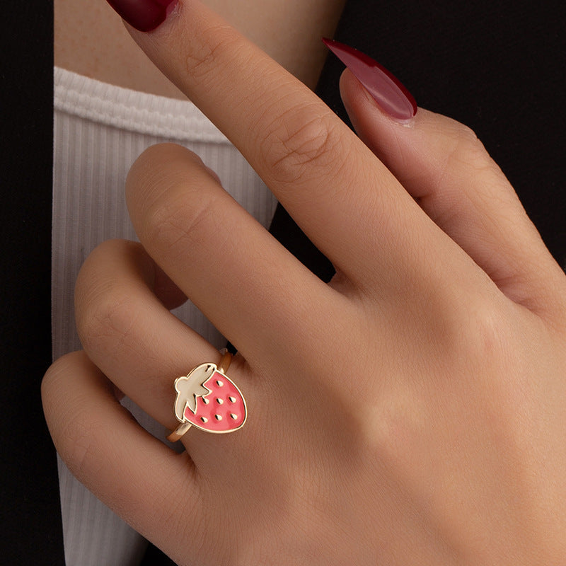 Women Adjustable Strawberry Ring Cute Cartoon Girl Ring Alloy Electroplated Ethnic Retro Geometric Insta Style