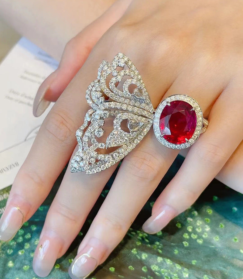 Womens Adjustable Opening Ring with Bow Design Copper Ring Featuring High-Grade French Ruby Color Zircon Elegant Jewelry Treasure Ring Special Occasions