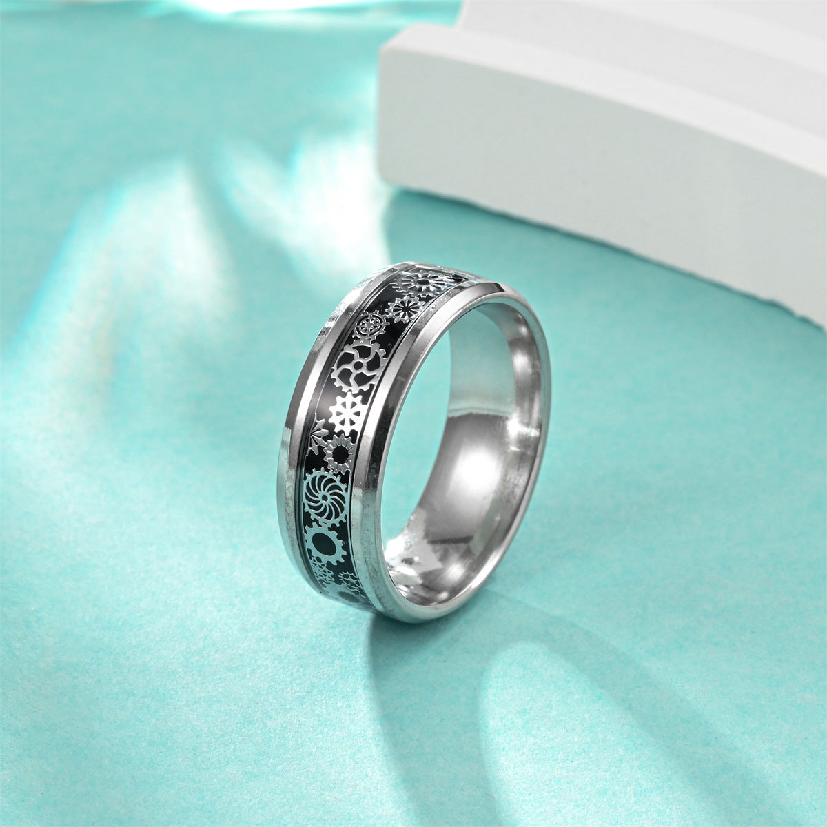 Unisex Titanium Gear Ring With U Shaped Geometric Design And Electroplated Finish Punk Rock Band Ring Statement