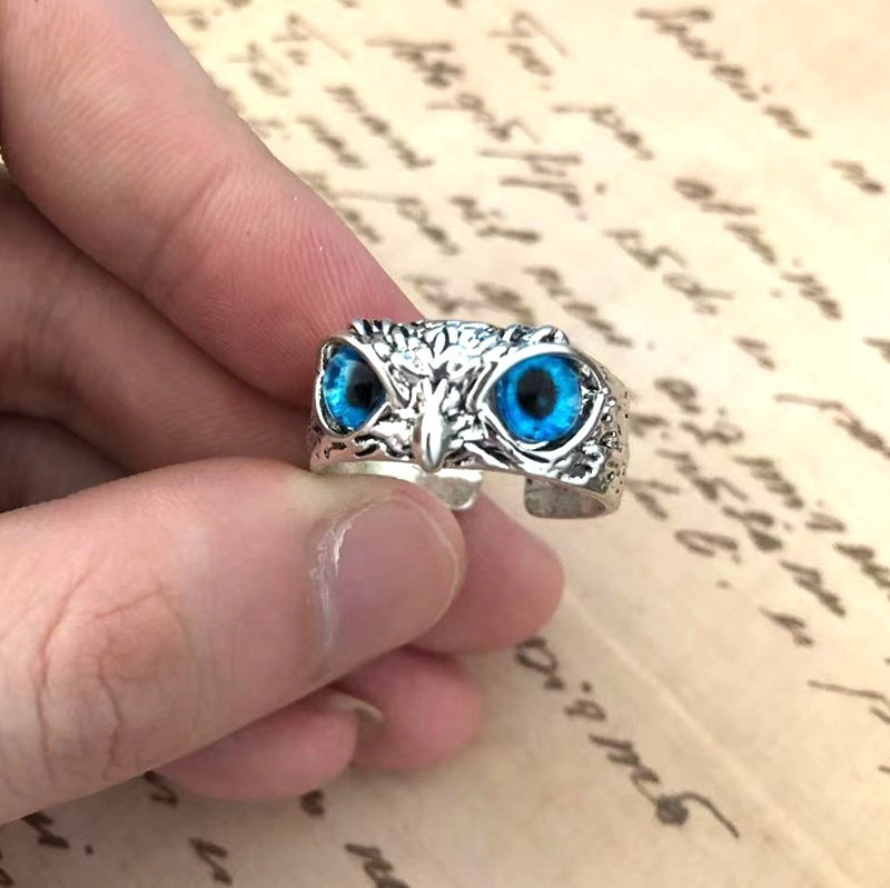 Vintage Owl Ring With Gemstone Adjustable Silver Jewelry Animal Zodiac Design Gift For Men Women Unisex Accessory