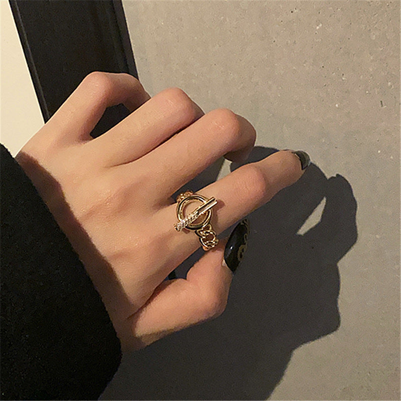 Women Adjustable Zircon Inlaid Ring Gold Plated Copper Geometric Statement Fashion Jewelry Accessory Elegant Everyday