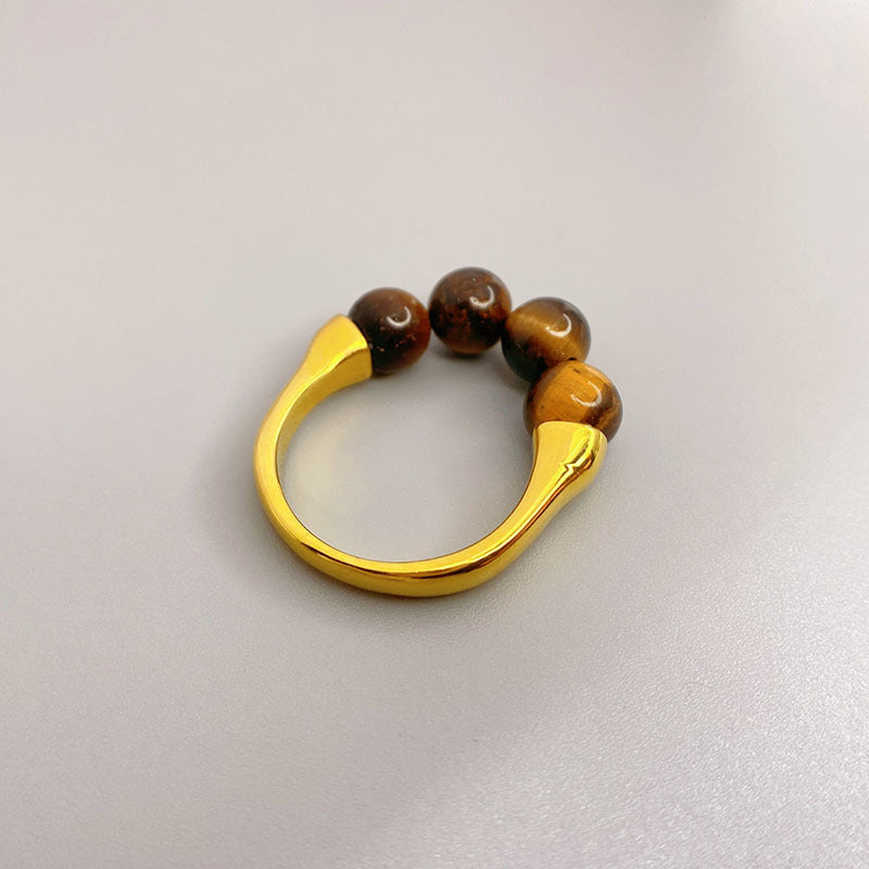 Copper Beaded Ring Geometric Retro Style With Blue Lapis Lazuli And Brown Tiger Eye Gemstones For Women Everyday Wear