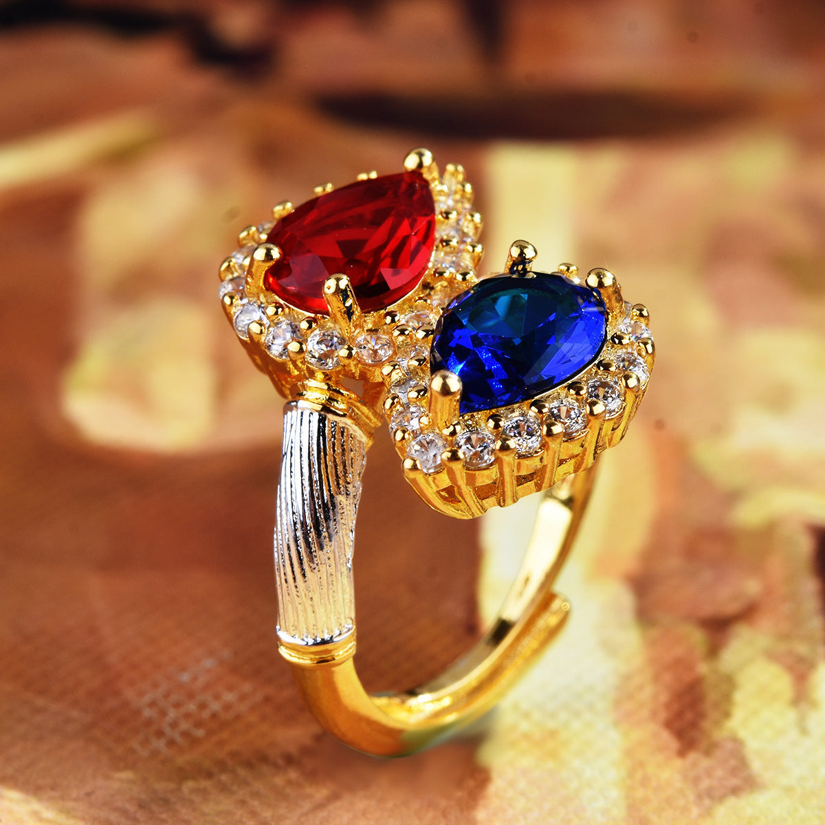 Womens Two Tone Ring Adjustable Opening Diamond Accent Copper Drop Shaped Ring For Women Fashion Jewelry Style