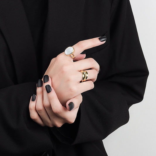 Adjustable Copper Ring With Oval White Shell Geometric Design In Platinum Gold Finish Minimal Style Gem 19.6mm