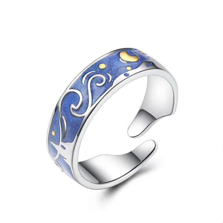Blue Starry Sky Couple Couple Rings Ocean Blue Enamel Opening