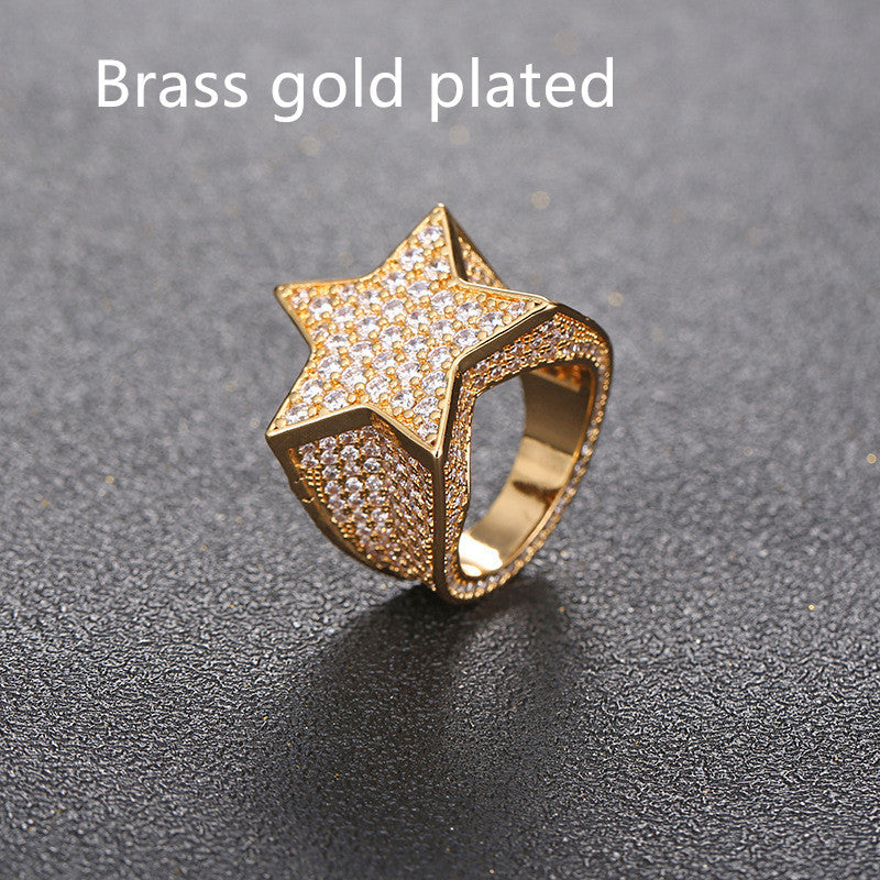Mens Hip Hop Ring With Full Simulated Diamond Inlaid Five Point Star Alloy Jewelry Bling Accessory Trendy Design