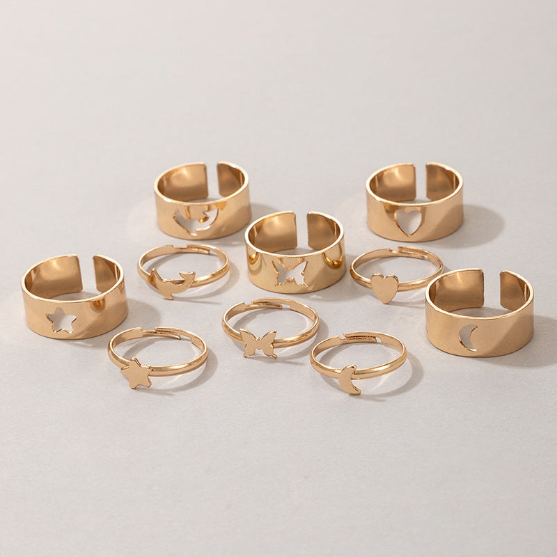 Butterfly Ring Set Punk Hollow Creative Couple Rings Plated Gold Silver Black Youth Popular Modern Silver Tone