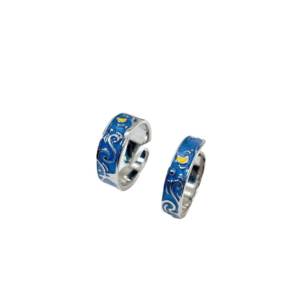 Adjustable Alloy Couple Ring Set With Blue Dripping Oil Finish Starry Sky Matching Rings For Him And Her Gifts