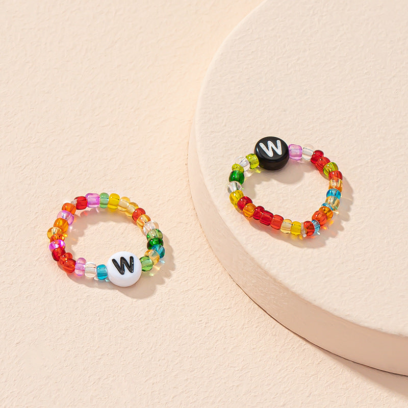 Beaded Letter Initial Ring For Ladies And Men Resin Alphabet Trendy Korean Geometric Ethnic Retro Jewelry Gift