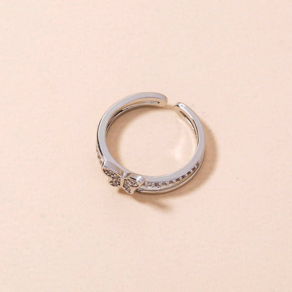 Women Adjustable Butterfly Ring With Zircon Inlay Copper Electroplated European Style Jewelry Elegant Crystal