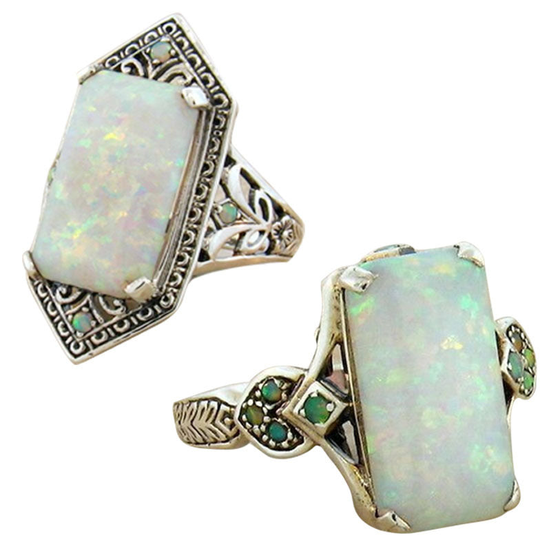 Womens Square White Opal Ring Antique Silver Alloy Geometric Inlaid Gemstone Ring Fashion Jewelry Everyday Wear