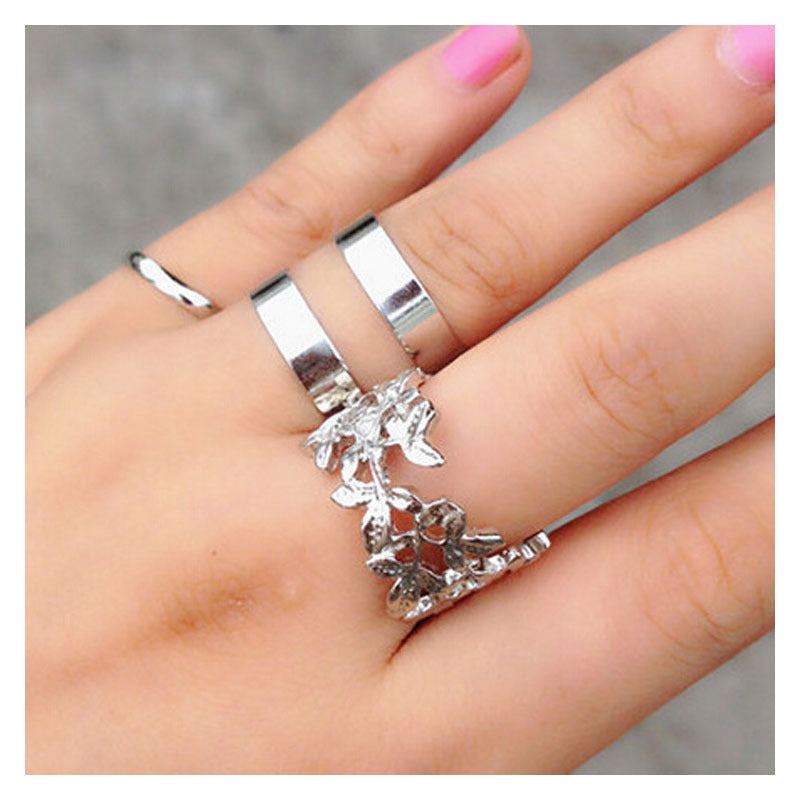 Three Piece Alloy Ring Set Heart Shaped and Tree Leaf Design Korean Fashion Jewelry for Women Elegant Chic Everyday