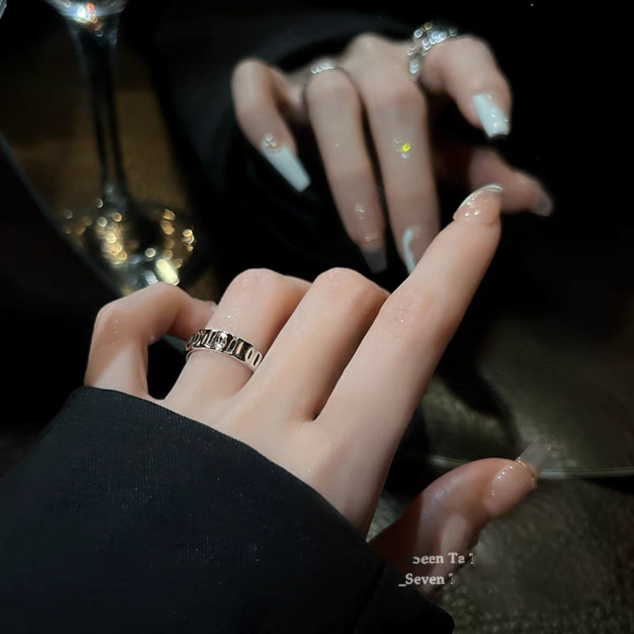 Geometric Metal Ring Set With Black Crystal Accents Stylish Line Design For Women And Girls Two Piece Ring Set