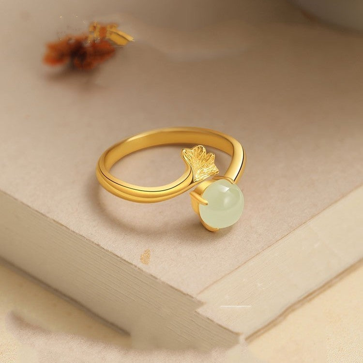 Adjustable S925 Silver Ring With Ginkgo Leaf Design Electroplated Finish 2mm Band For Women Jewelry For Daily Wear