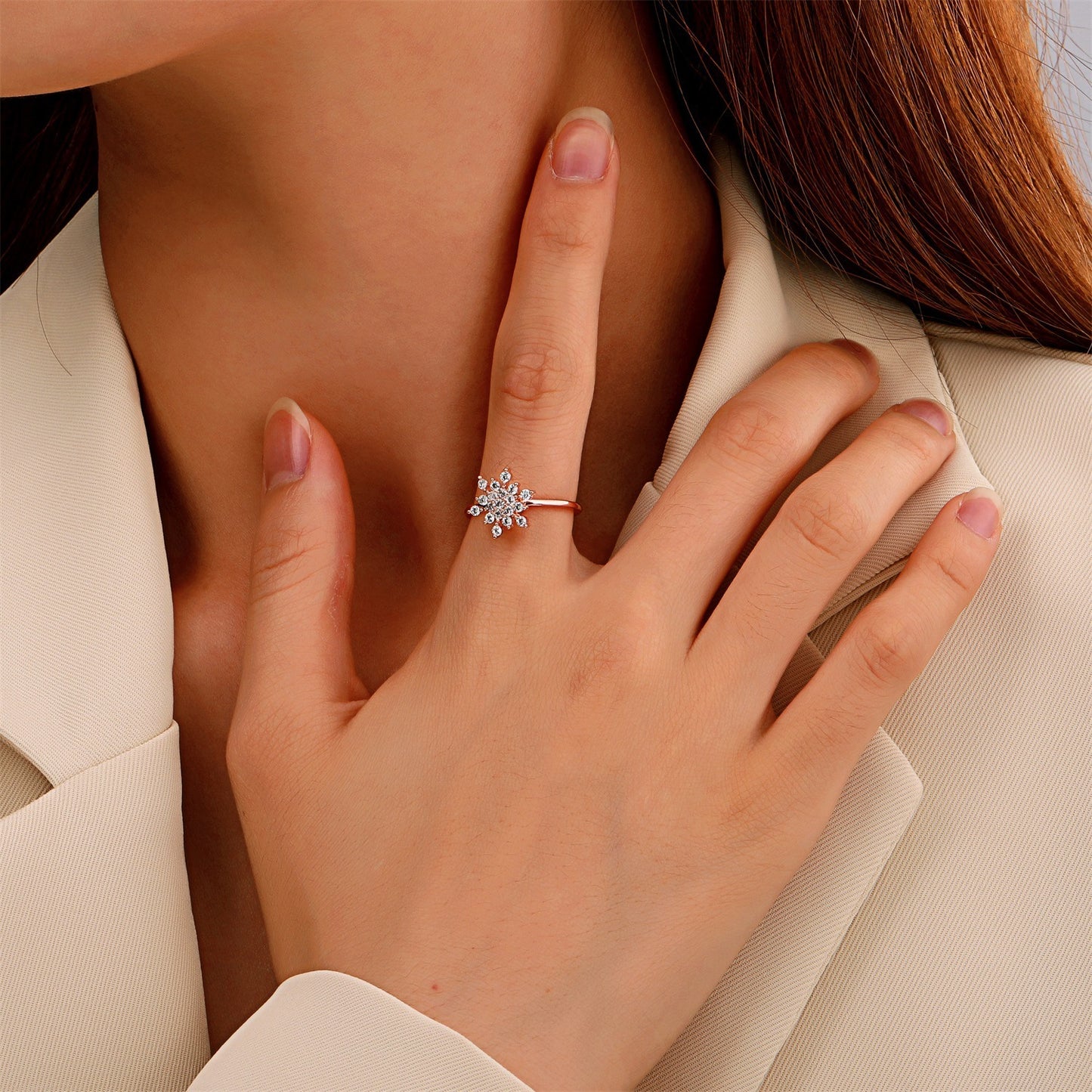 Womens Snowflake Ring Adjustable Coppery Ring Inlaid Zircon Electroplated Christmas Gift Fashion Jewelry Women