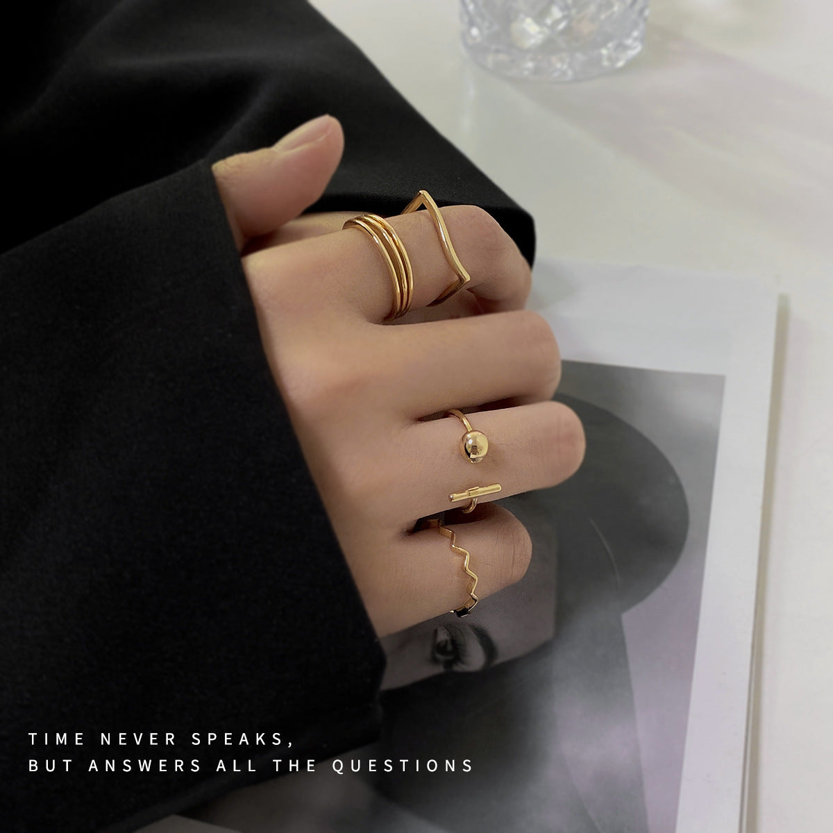 Womens Four Piece Copper Geometric Ring Set European American Fashion Jewelry Durable Electroplated Accessory Everyday