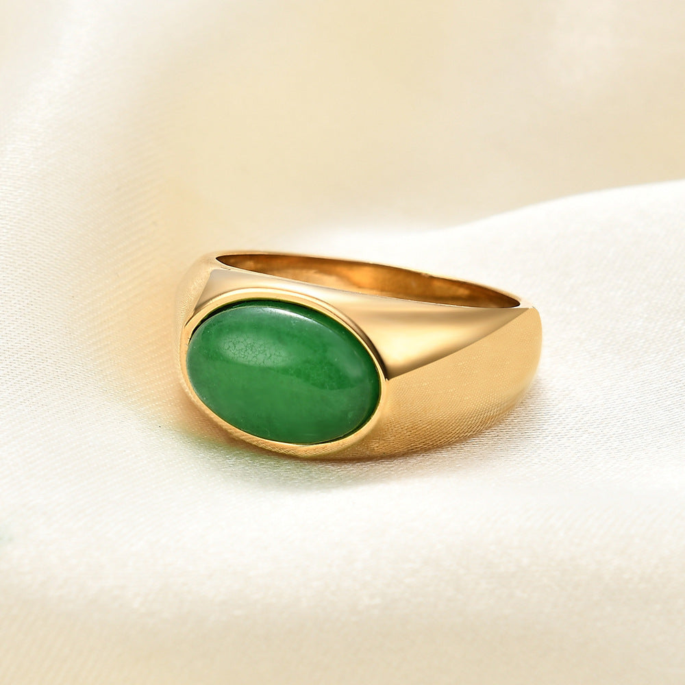 Womens Stainless Steel Mosaic Oval Natural Stone Ring Golden Green Pink Blue Accents Jewelry Elegant Statement