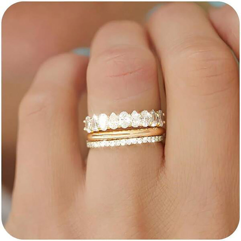 Zircon Ring Three Piece Wedding Banquet Inlaid Zircon Copper White Gold Yellow Gold For Female Size 6 7 8 9 10