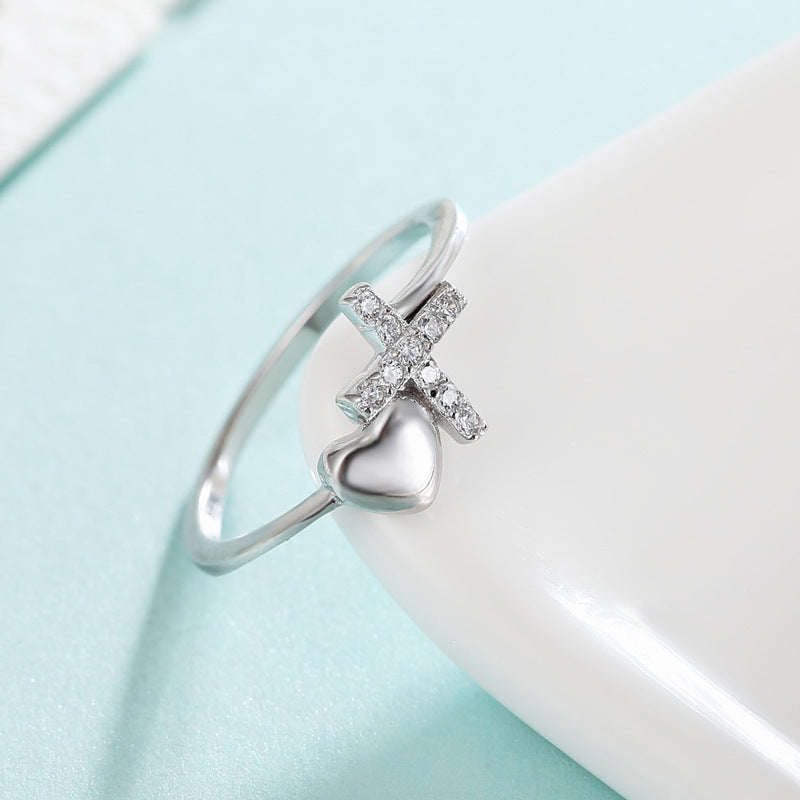 Sterling Silver Heart Ring With Cross Design For Women 925 Peach Jewelry Fashion Ring For Women And Girls Gift