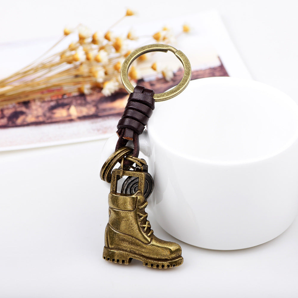 Braided Leather Car Keychain Antique Bronze Gold 11cm Long