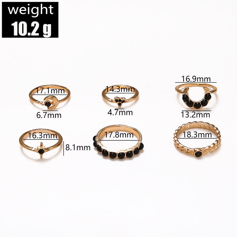 Womens Star And Moon Ring Set Six Piece Geometric Alloy Rings Electroplated Finish Stackable Jewelry Great Gift Idea
