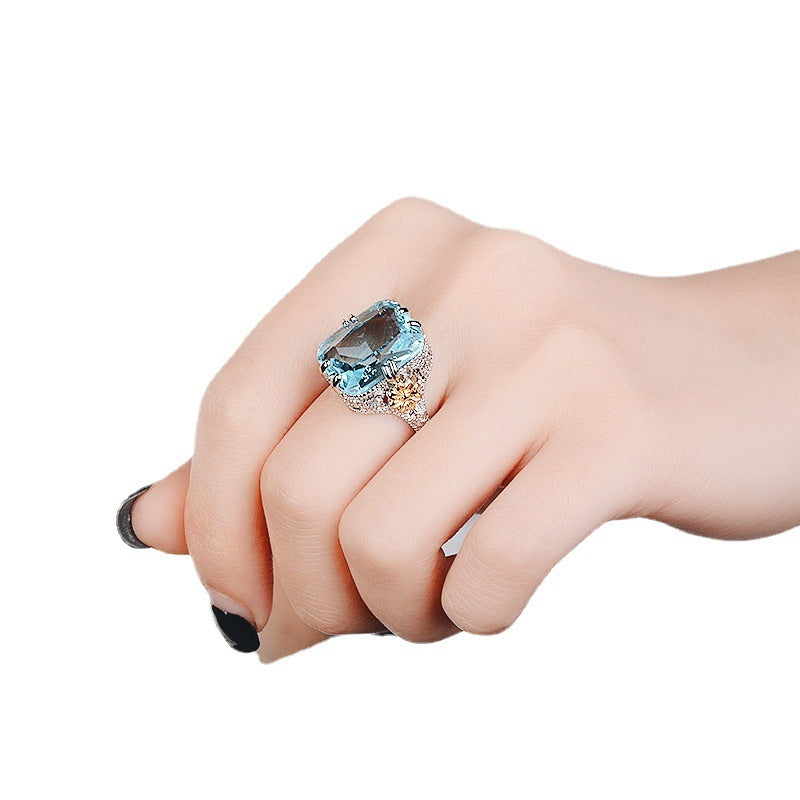 Elegant Ocean Blue Diamond Ring for Women Geometric Band
