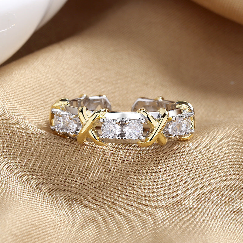 Adjustable Open Copper Ring Inlaid Zircon Letter X Cross Design Ring For Women Color Separation Zircon Accents