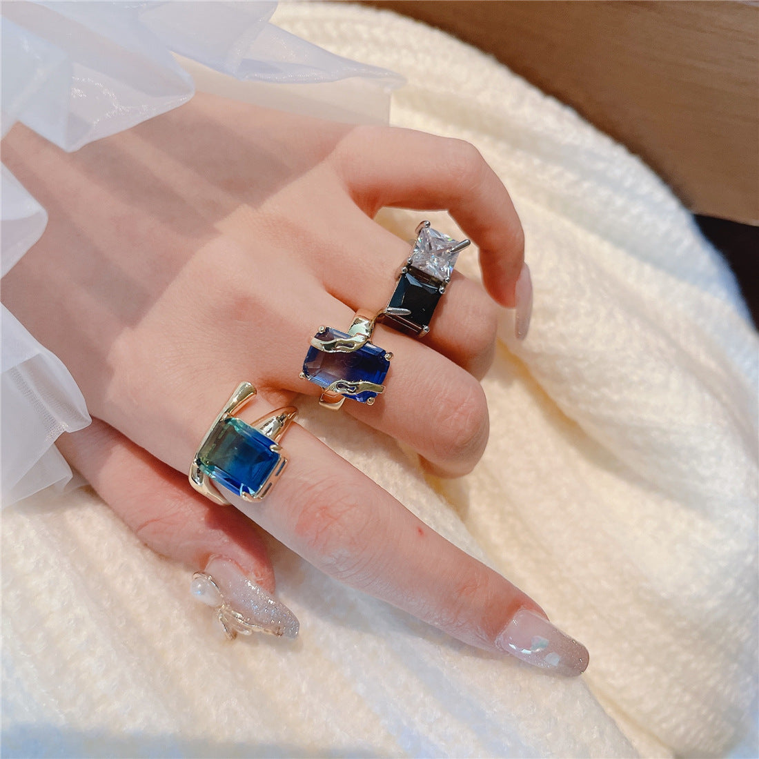 Womens Square Adjustable Glass Ring Mosaic Style For Women
