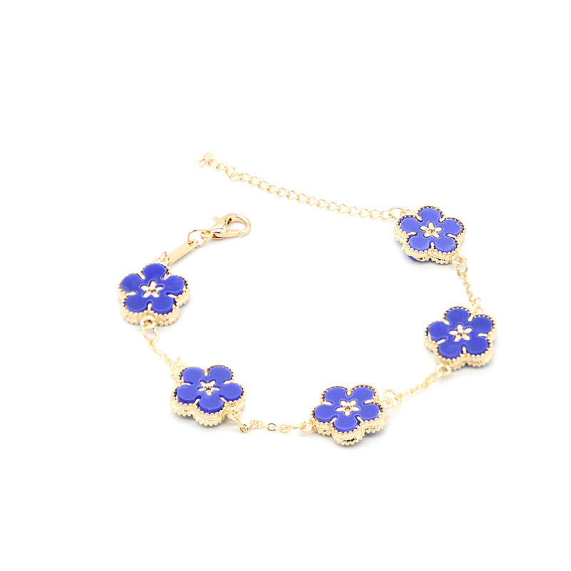 Womens Floral Double Sided Plum Blossom Alloy Bracelet Electroplated Flower With Extender Chain Crystal Detail