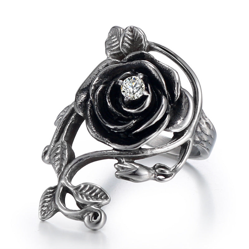 Black Rose Stainless Steel Band Ring With White Diamonds