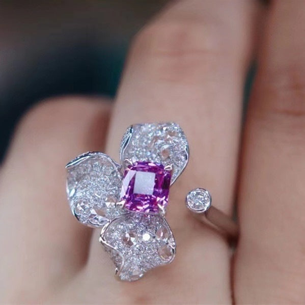 Zircon Flower Ring Copper Bauhinia Design Elegant Jewelry
