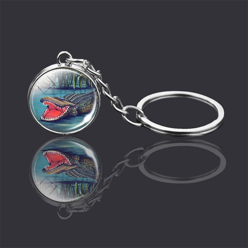 Animal Key Chain Double Sided Glass Ball Pendant Metal Key Ring Unisex Accessories Donkey Rabbit Giraffe Dolphin Fox
