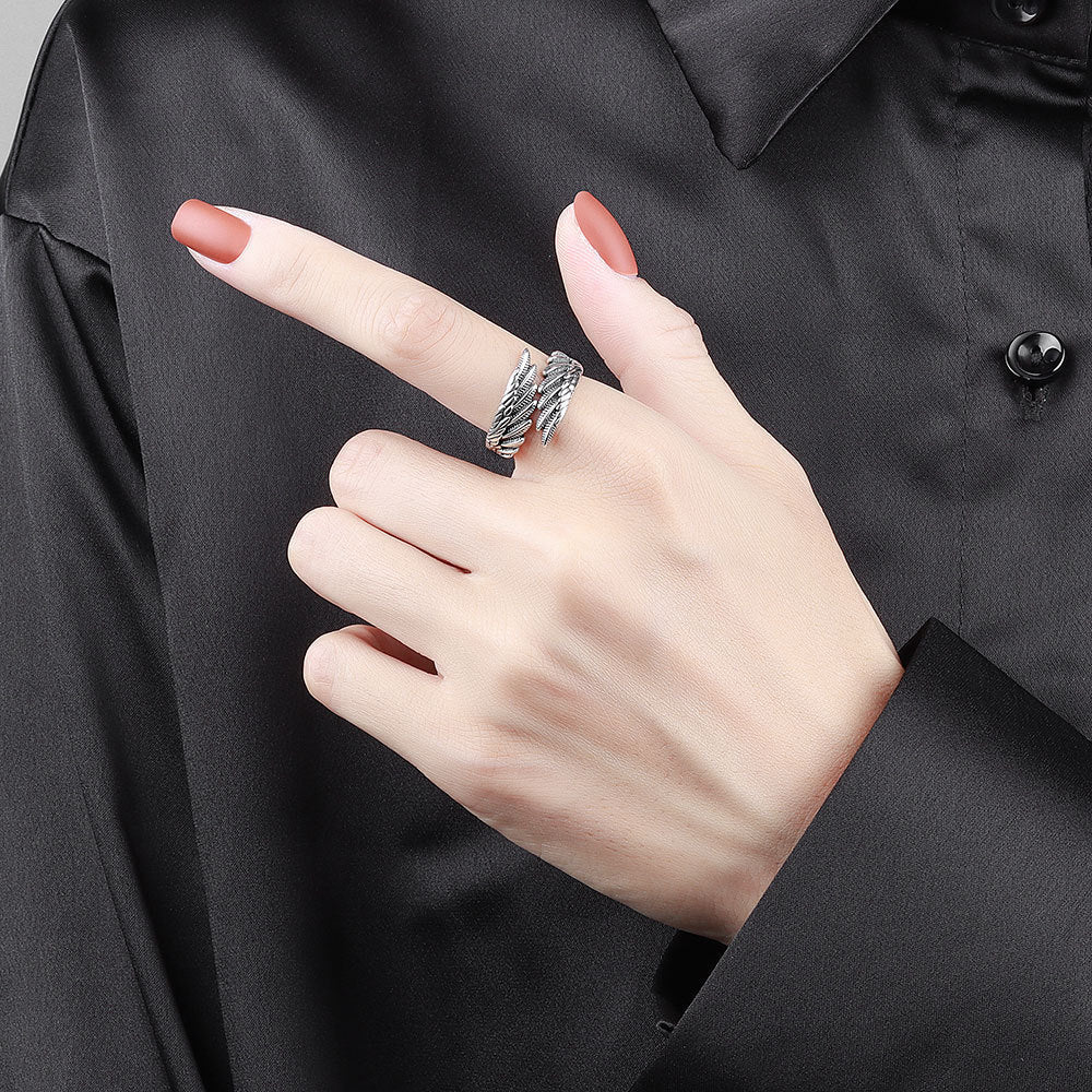 Womens Wing Ring Adjustable Copper Ring Thai Silver Color Dark Wing Style Jewelry For Women Elegant Wing Style