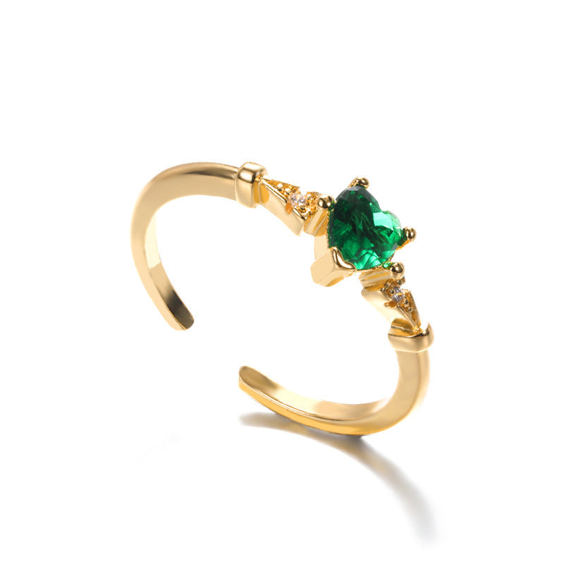 Gold Plated Green Zircon Heart Ring For Women Adjustable Copper Jewelry Elegant Dainty Gift For Everyday Style