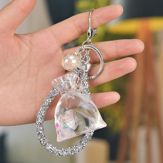 Yellow Acrylic Keychain With Liquid Quicksand Money Bag Design Rope Accent Fashion Accessory Durable Plastic Finish
