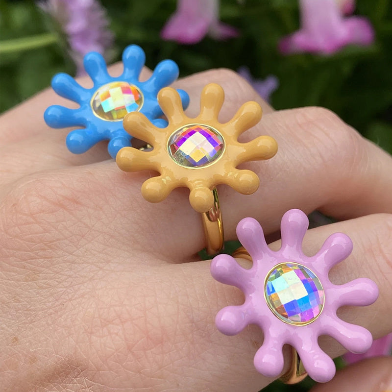 Zircon Purple Flower Ring Gold Tone Cocktail Jewelry Bohemian Vintage Fashion For Women Girls Dainty Accessory