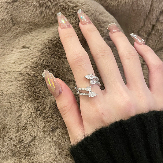 Womens Zircon Water Drop Copper Geometric Ring Open Adjustable Dual Layer Elegant Chic Jewelry Gift Idea Today