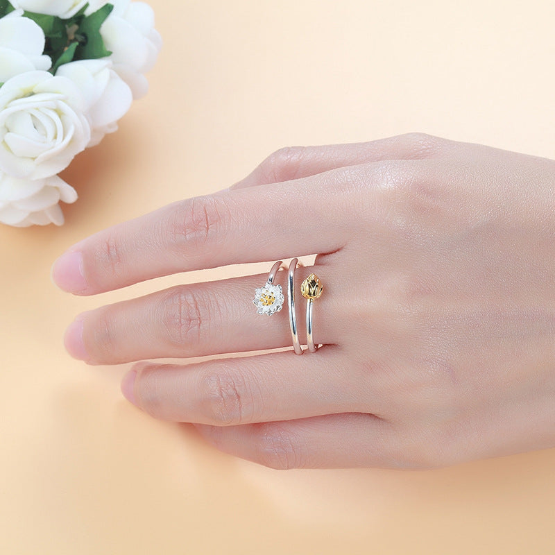 Copper Lotus Flower Ring Adjustable Elegant Jewelry For Women Creative Design Electroplated Ring Jewelry Beauty