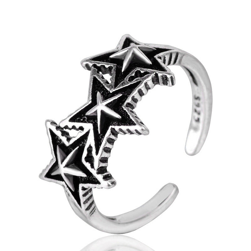 Unisex Hip Hop Double Ring With Triple Five Pointed Star Design Copper Ring In Thai Silver Color Style Glow Up