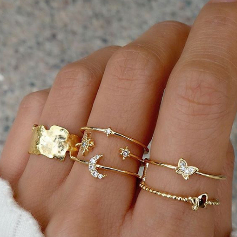 Alloy Insect Ring Set Electroplated Rings Butterfly Design Moon Ring Set Fashion Jewelry For Women Insect Moon