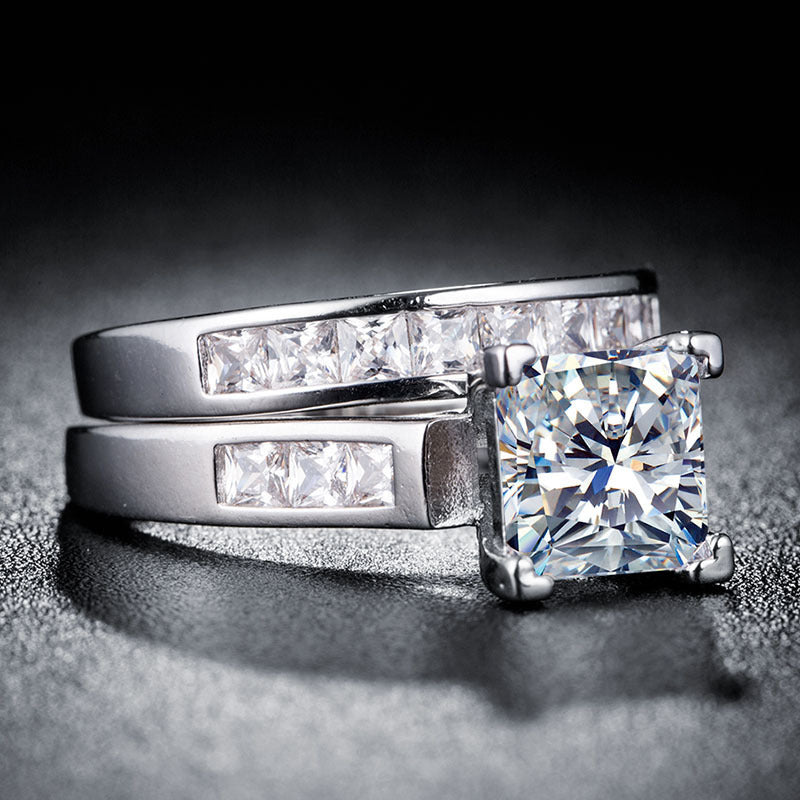 Unisex Zircon Inlaid Copper Couple Rings Diamond Look Geometric Engagement Wedding Promise Gift For Him And Her