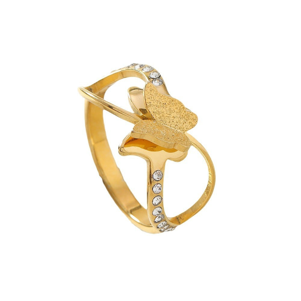 Womens Stainless Steel Double Layer Frosted Cross Ring Diamond Butterfly Geometric Design for Everyday Wear US