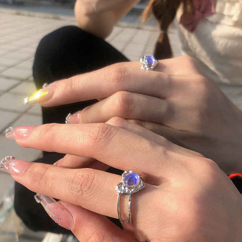 Copper Heart Ring Adjustable Moonstone Aurora Love Purple Diamond Accents Cold Light Design Jewelry Ring For Women